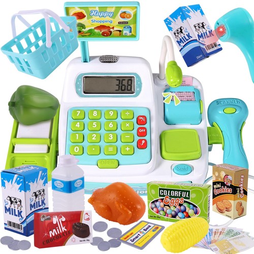 Kids till cash register with - cash,